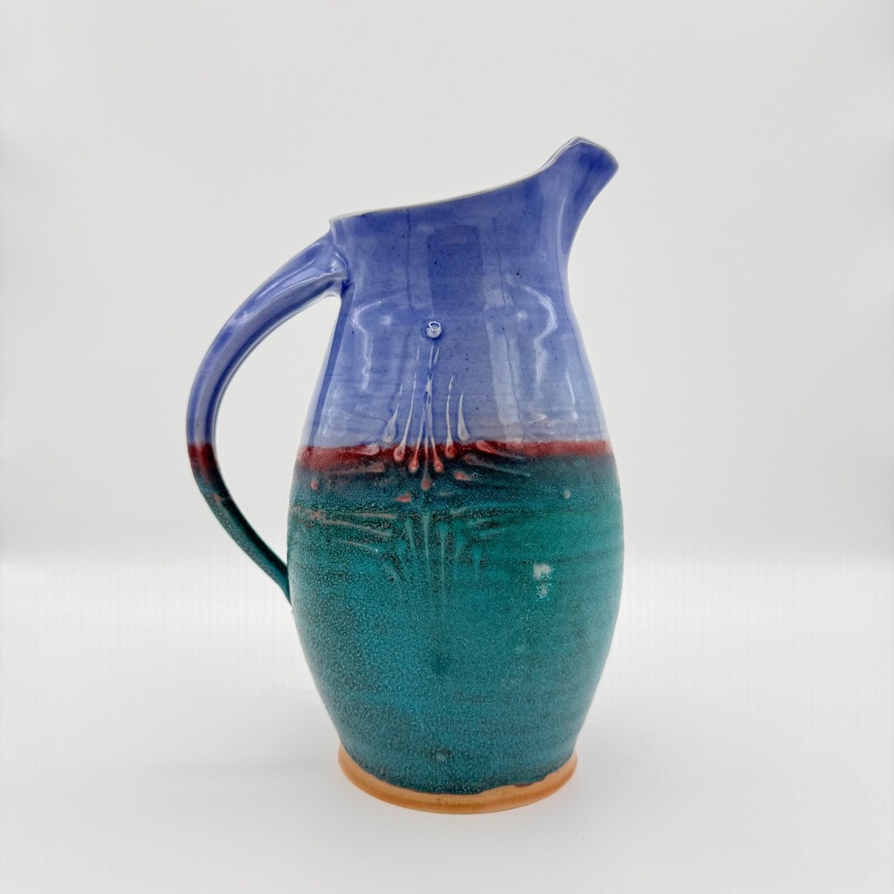 Vintage Studio Pottery Pitcher Turquoise Periwinkle Oxblood Art Pottery Vase - Picture 8 of 8